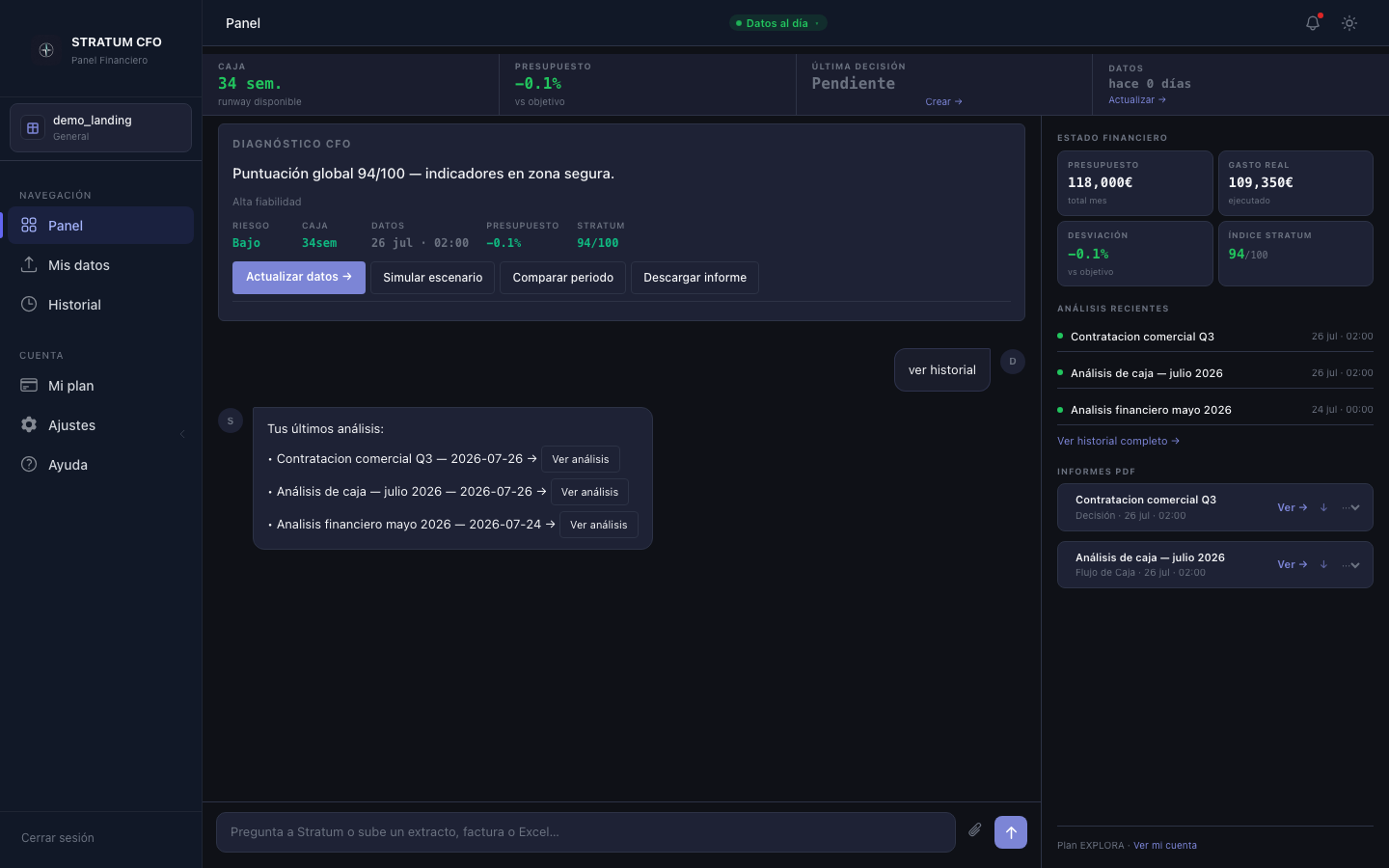Chat unificado de Stratum CFO respondiendo 'ver historial' con los últimos análisis reales de una empresa