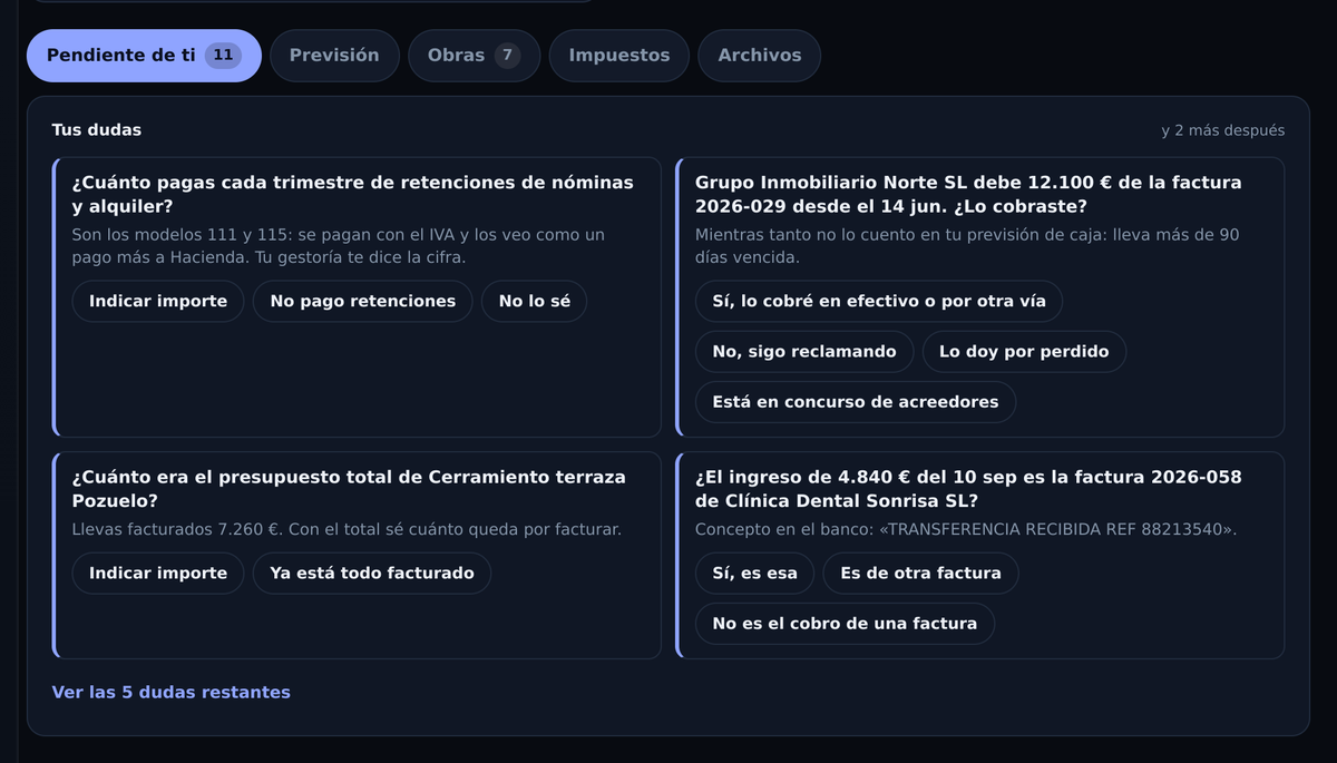 Preguntas pendientes de Stratum con botones para contestar, por ejemplo si un pago a Hacienda cubre el IVA entero