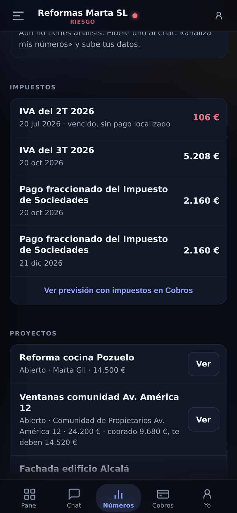 App móvil con los impuestos de la empresa: IVA de cada trimestre y pago fraccionado de Sociedades con su importe y fecha