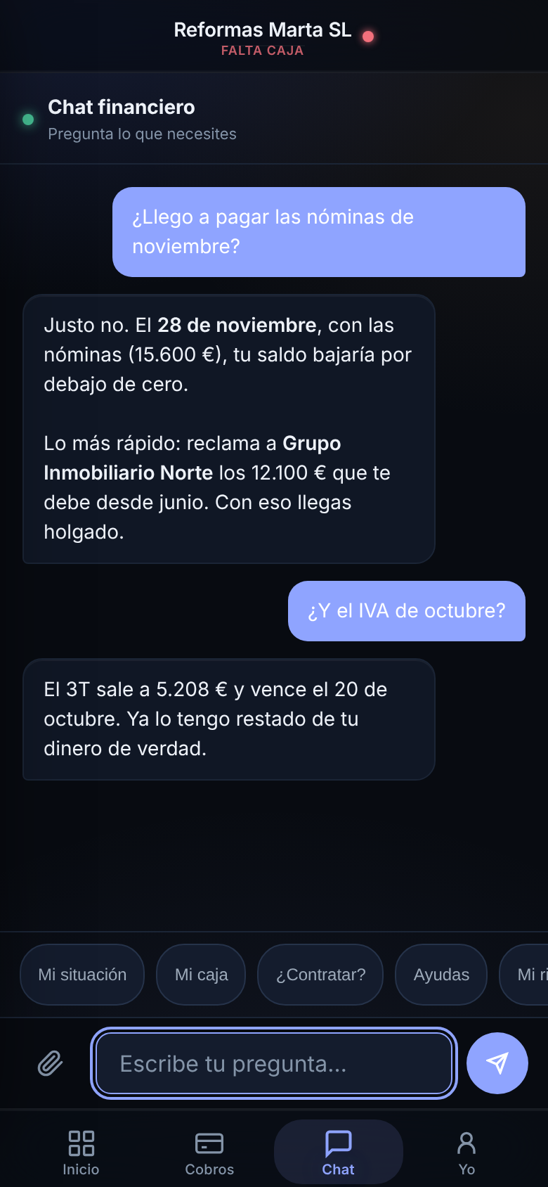 Chat de la app contestando con las cifras de la empresa qué día le faltaría caja y qué hacer