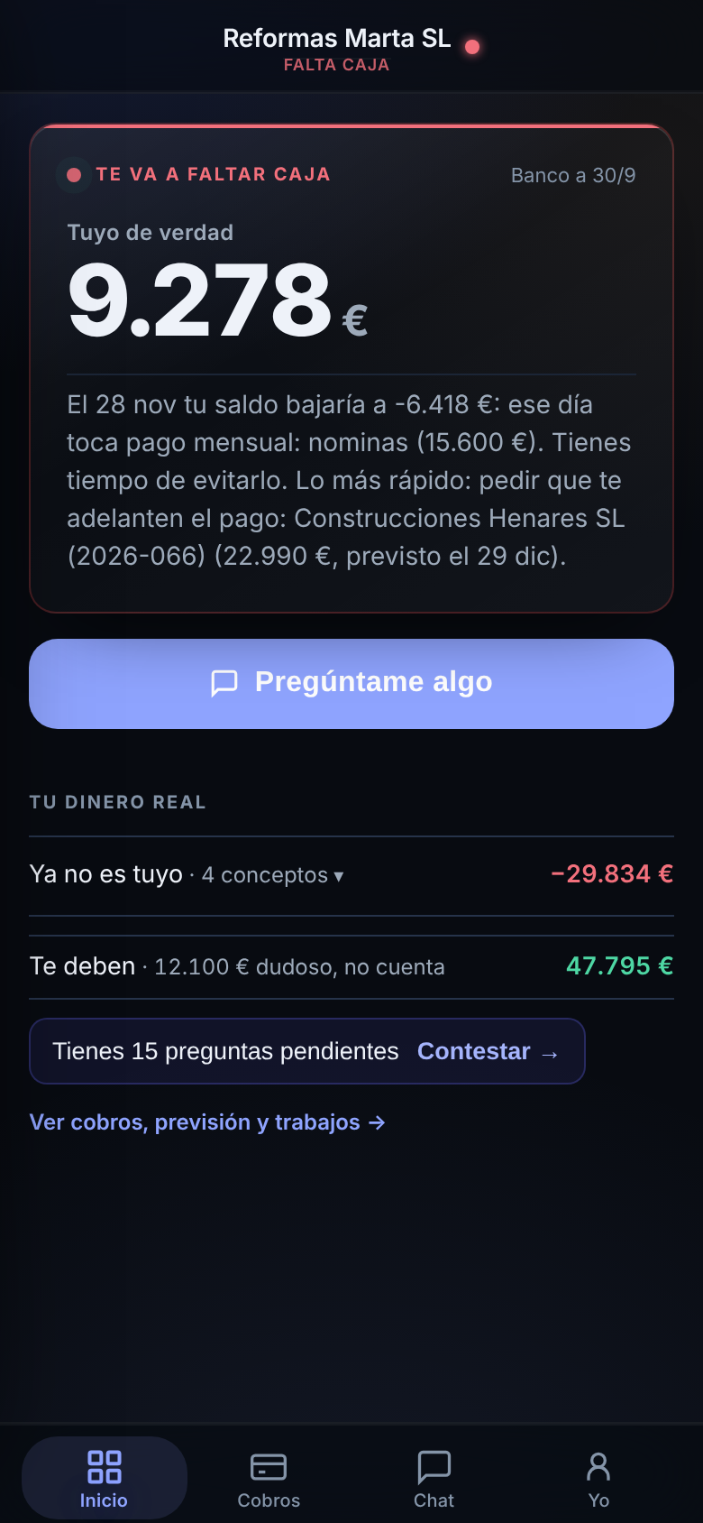 App móvil de Stratum CFO con el aviso de caja y el dinero tuyo de verdad